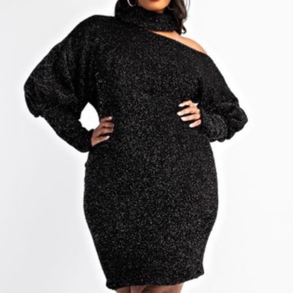Dresses & Skirts - Woman's Size 3X Black Shimmer High Neck Open Shoulder Sweater Dress Fits 22W 24W
